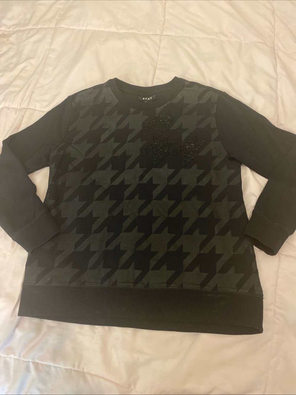 DKNY Embellished Houndstooth Sweatshirt – Sequin Logo – Size M 8-10